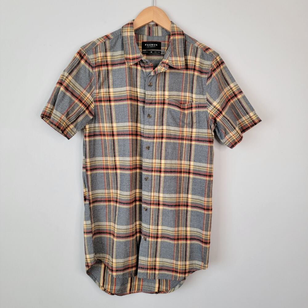 Pacsun Gray Plaid Short Sleeve Longer Fit 100% Cotton Shirt Men M Western Preppy
